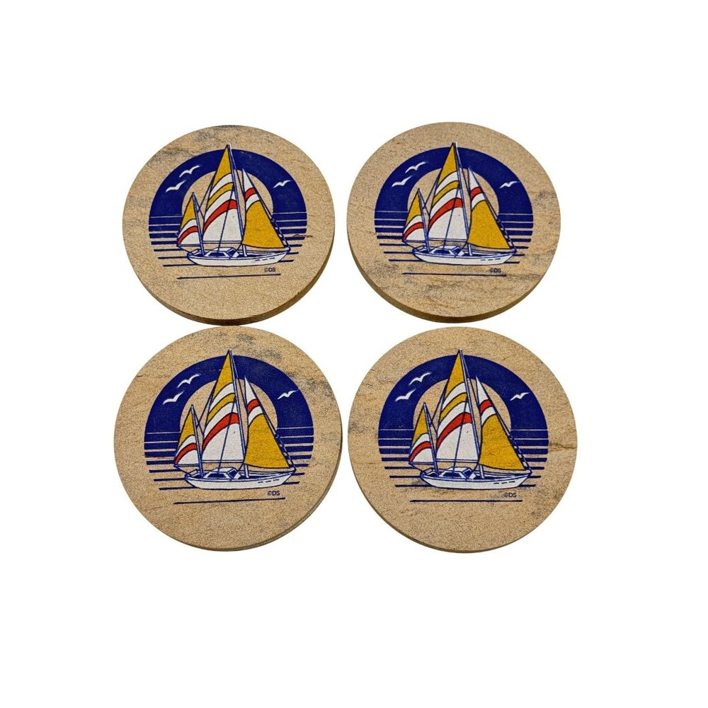 DS Nautical Sailboat Stone Absorbent Coasters Set of 4 With Cork Backing